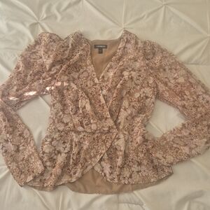 Express | Floral Wrap Blouse - Tan and Cream